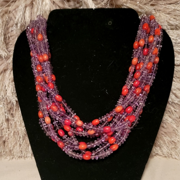 Jewelry - Hand crafted multi strands Amethysts and genuine Red Coral - Silver Necklace ♥️